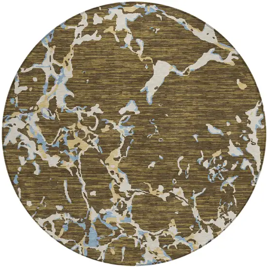 8' Coffee Blue And Ivory Round Striped Washable Indoor Outdoor Area Rug Photo 2