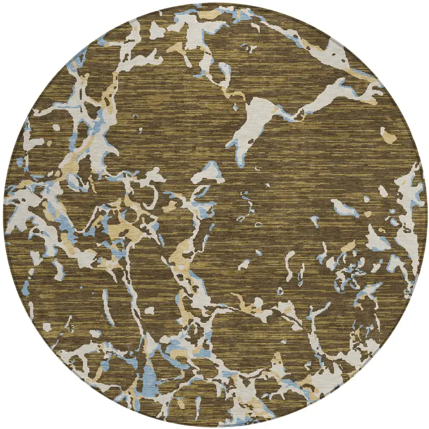 8' Coffee Blue And Ivory Round Striped Washable Indoor Outdoor Area Rug Photo 2