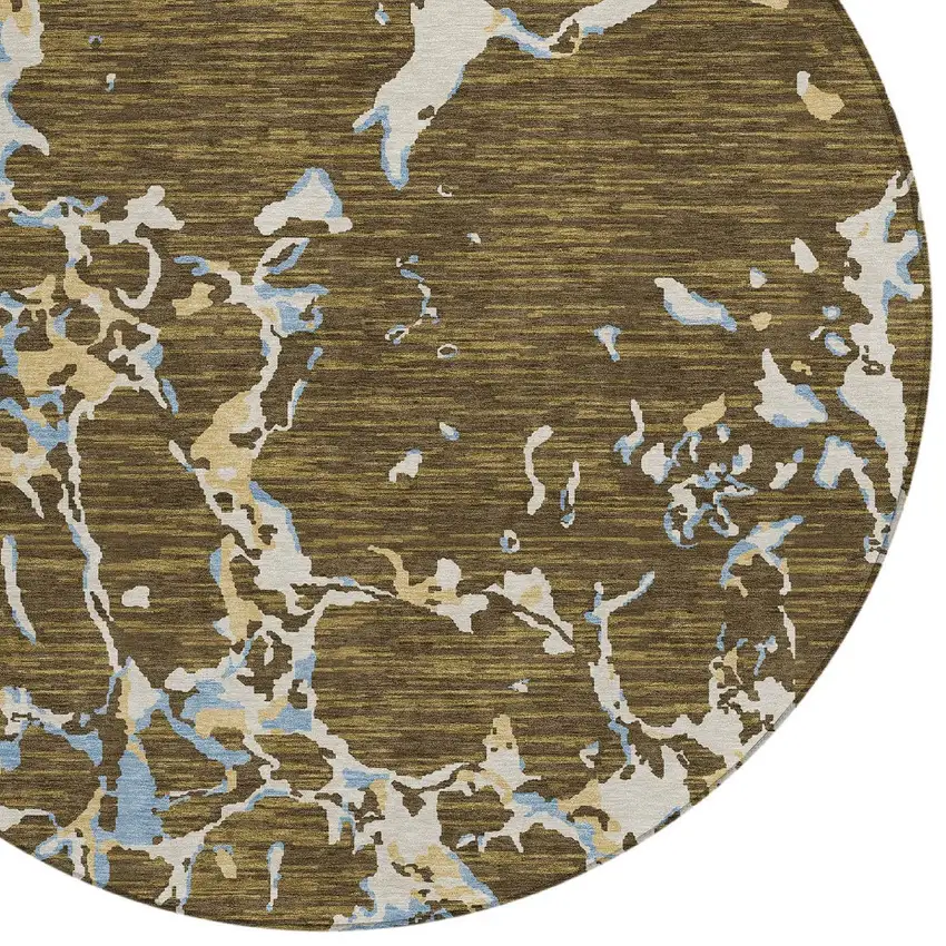 8' Coffee Blue And Ivory Round Striped Washable Indoor Outdoor Area Rug Photo 5