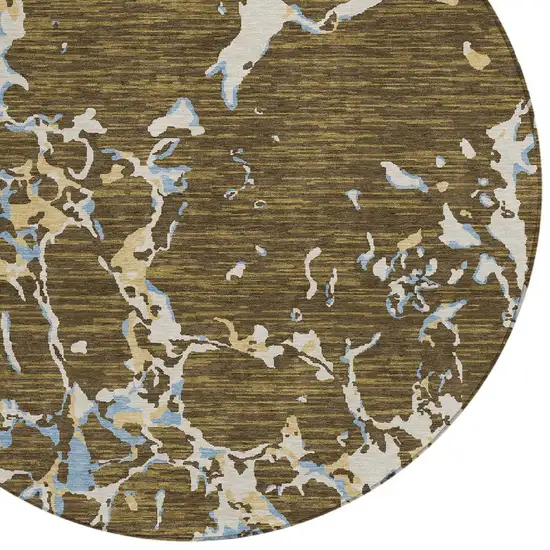 8' Coffee Blue And Ivory Round Striped Washable Indoor Outdoor Area Rug Photo 5