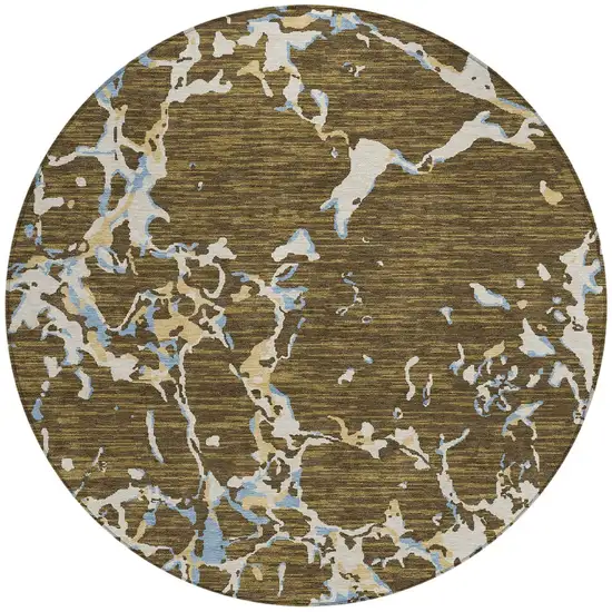 8' Coffee Blue And Ivory Round Striped Washable Indoor Outdoor Area Rug Photo 7