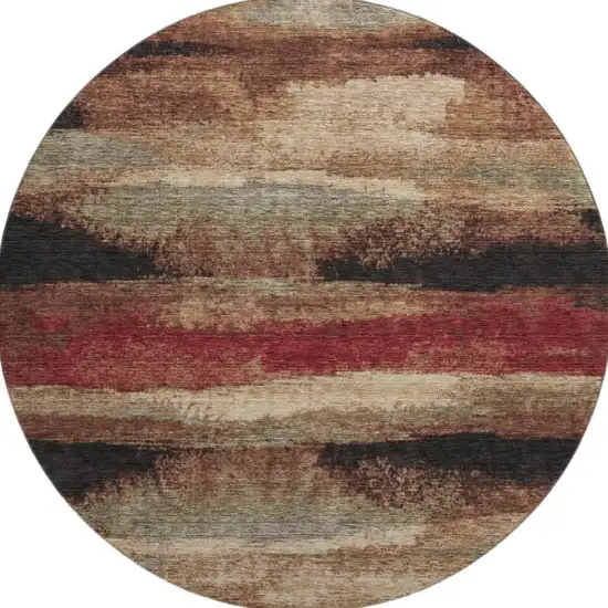 8' Coffee Burgundy And Beige Abstract Washable Round Rug With UV Protection Photo 3