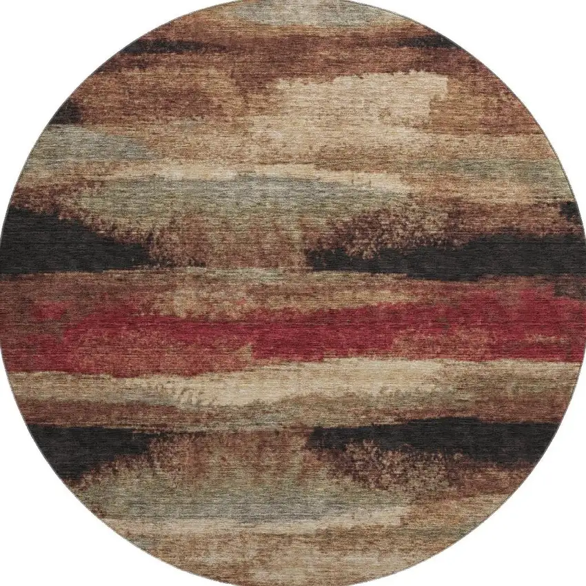 8' Coffee Burgundy And Beige Abstract Washable Round Rug With UV Protection Photo 3