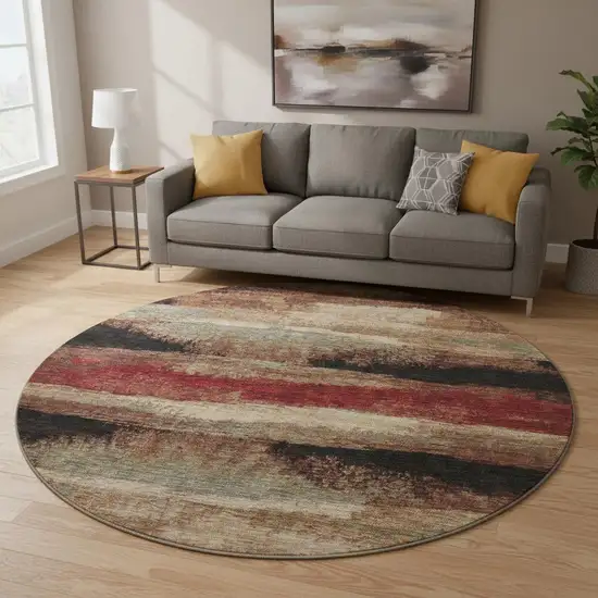 8' Coffee Burgundy And Beige Abstract Washable Round Rug With UV Protection Photo 2