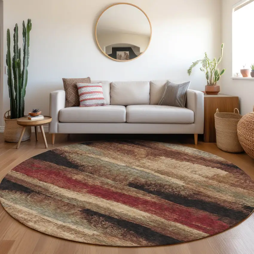 8' Coffee Burgundy And Beige Abstract Washable Round Rug With UV Protection Photo 4