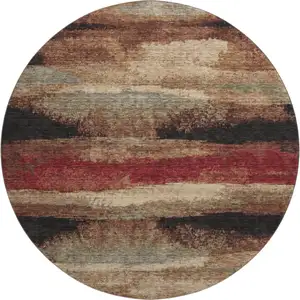 Photo of 8' Coffee Burgundy And Beige Abstract Washable Round Rug With UV Protection