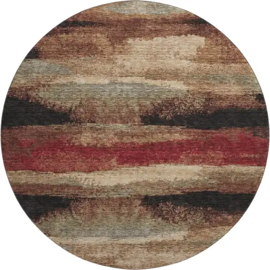 8' Coffee Burgundy And Beige Abstract Washable Round Rug With UV Protection Photo 1