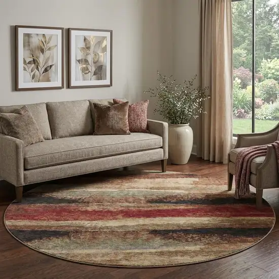 8' Coffee Burgundy And Beige Abstract Washable Round Rug With UV Protection Photo 1
