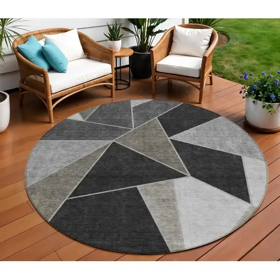 8' Coffee Charcoal And Gray Round Geometric Washable Indoor Outdoor Area Rug Photo 1