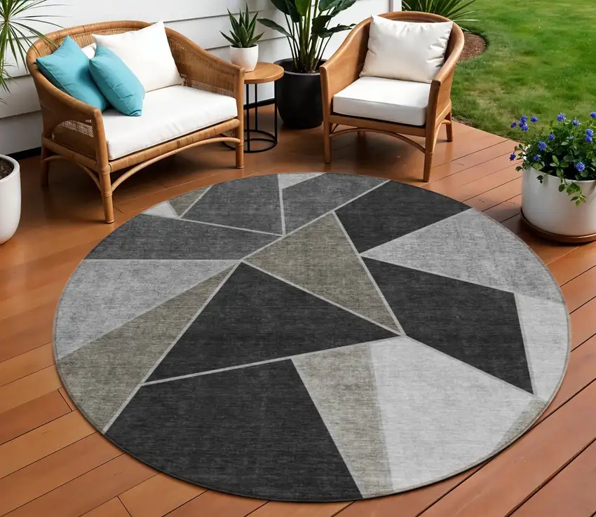 8' Coffee Charcoal And Gray Round Geometric Washable Indoor Outdoor Area Rug Photo 1