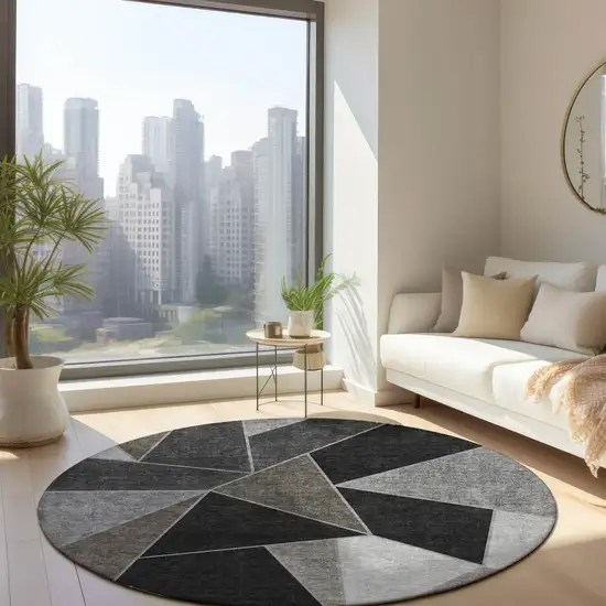 8' Coffee Charcoal And Gray Round Geometric Washable Indoor Outdoor Area Rug Photo 8