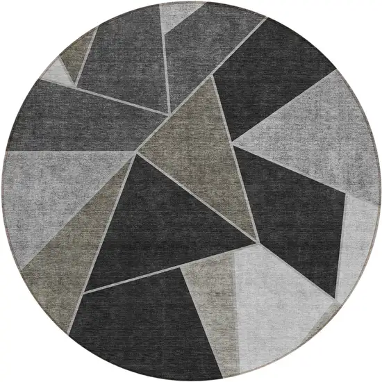 8' Coffee Charcoal And Gray Round Geometric Washable Indoor Outdoor Area Rug Photo 1