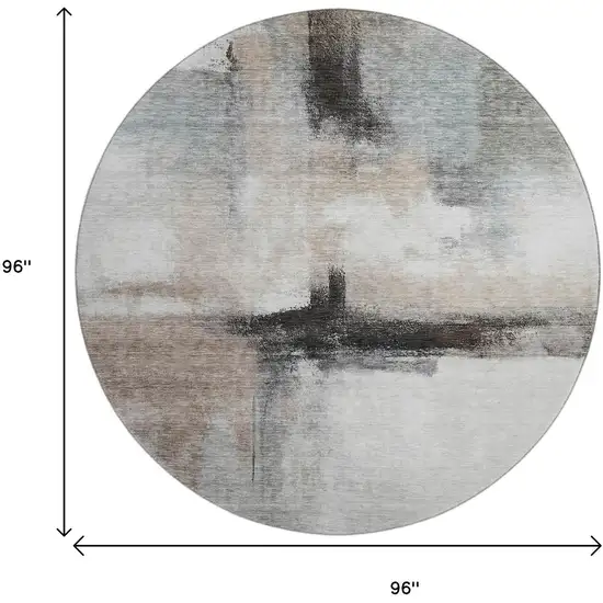 8' Coffee Charcoal And Ivory Abstract Washable Round Rug With UV Protection Photo 9