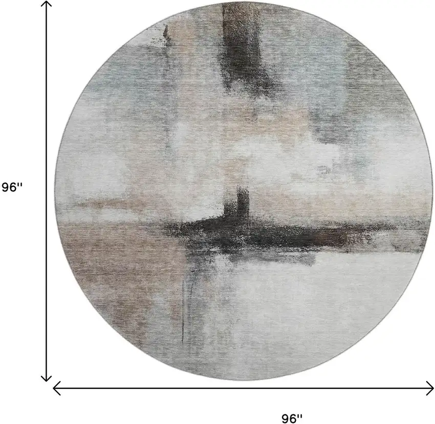 8' Coffee Charcoal And Ivory Abstract Washable Round Rug With UV Protection Photo 9