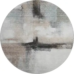 Photo of 8' Coffee Charcoal And Ivory Abstract Washable Round Rug With UV Protection