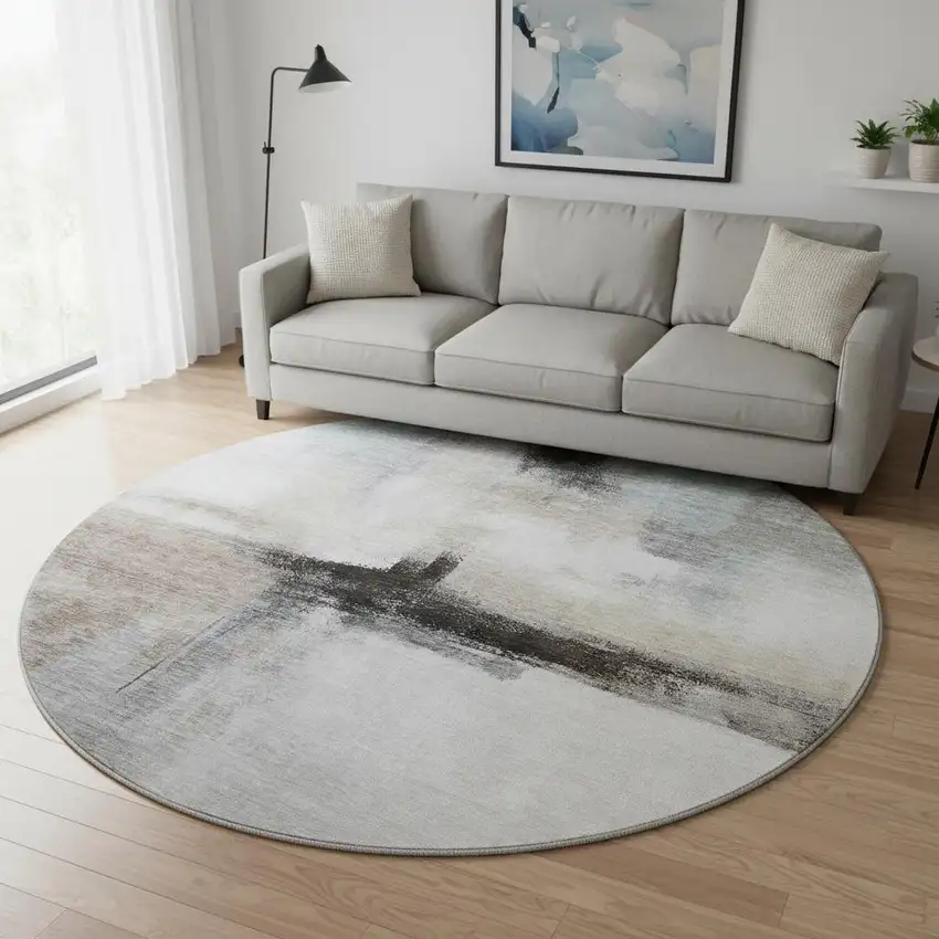 8' Coffee Charcoal And Ivory Abstract Washable Round Rug With UV Protection Photo 2