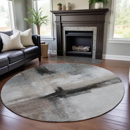 8' Coffee Charcoal And Ivory Abstract Washable Round Rug With UV Protection Photo 4