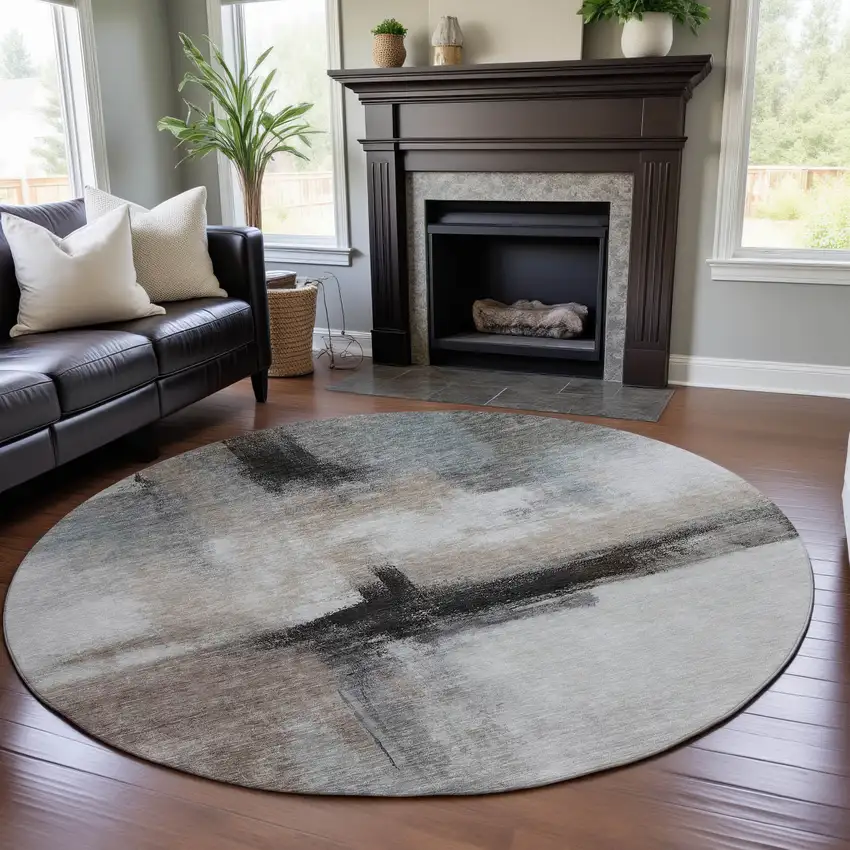 8' Coffee Charcoal And Ivory Abstract Washable Round Rug With UV Protection Photo 4