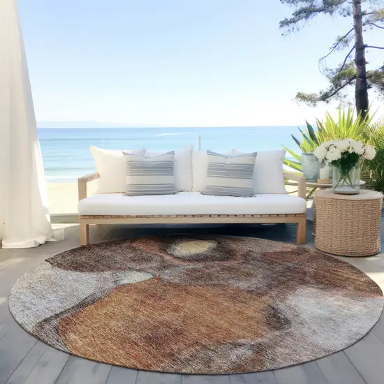 8' Coffee Copper And Beige Round Abstract Washable Indoor Outdoor Area Rug Photo 6