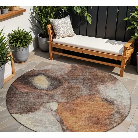 8' Coffee Copper And Beige Round Abstract Washable Indoor Outdoor Area Rug Photo 1