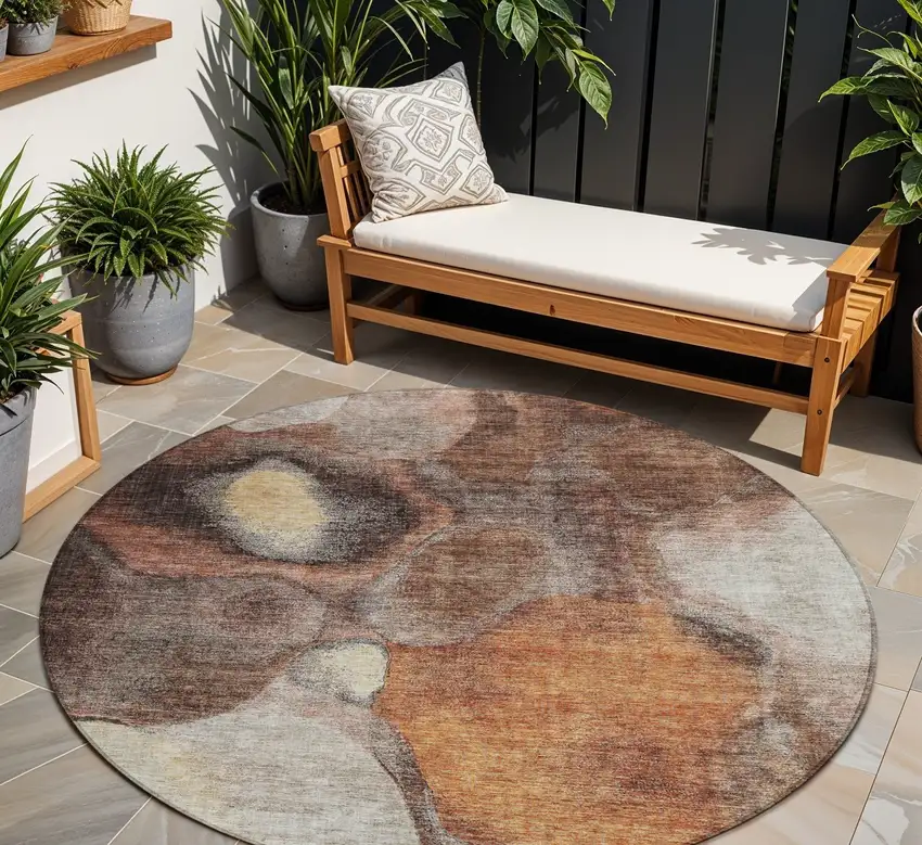 8' Coffee Copper And Beige Round Abstract Washable Indoor Outdoor Area Rug Photo 1