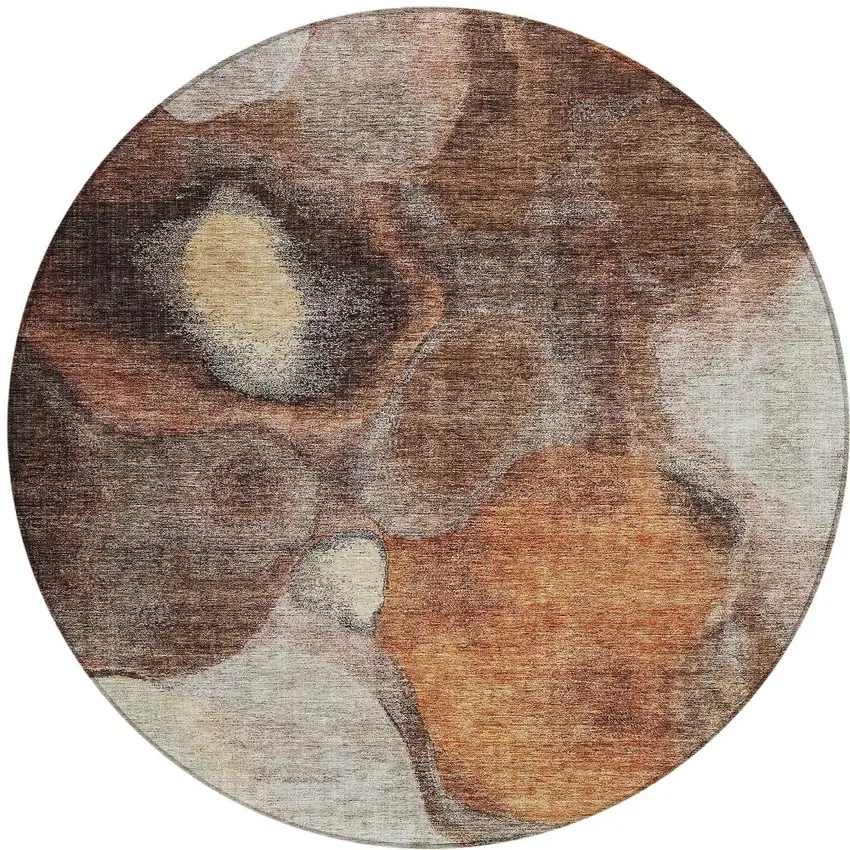 8' Coffee Copper And Beige Round Abstract Washable Indoor Outdoor Area Rug Photo 5