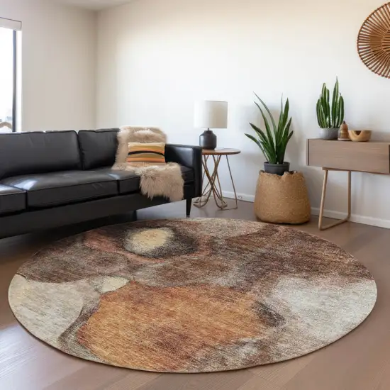 8' Coffee Copper And Beige Round Abstract Washable Indoor Outdoor Area Rug Photo 7