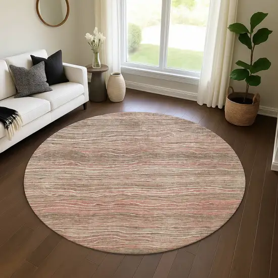 8' Coffee Copper And Beige Striped Washable Round Rug With UV Protection Photo 4