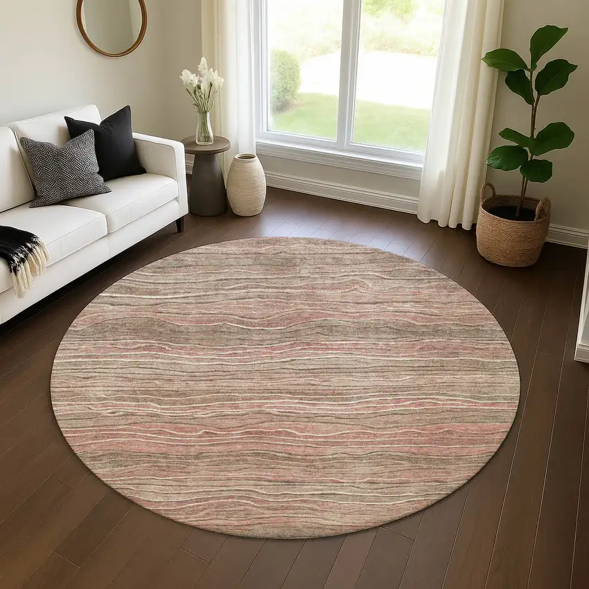 8' Coffee Copper And Beige Striped Washable Round Rug With UV Protection Photo 4