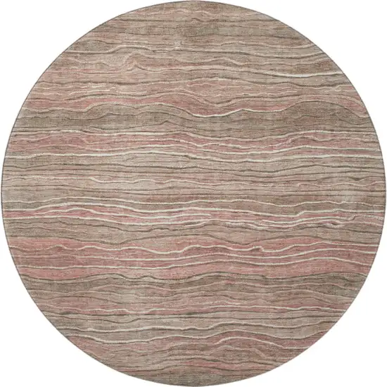 8' Coffee Copper And Beige Striped Washable Round Rug With UV Protection Photo 3