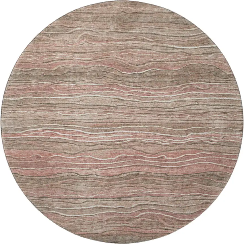 8' Coffee Copper And Beige Striped Washable Round Rug With UV Protection Photo 3