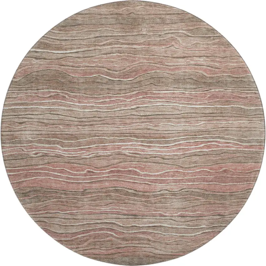8' Coffee Copper And Beige Striped Washable Round Rug With UV Protection Photo 1