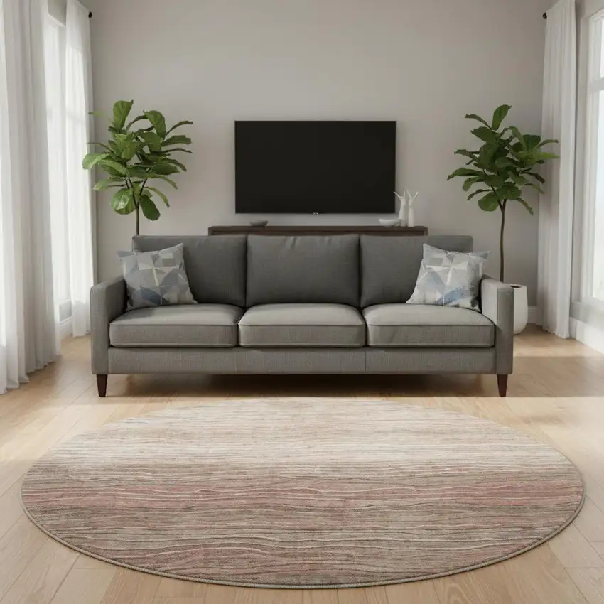 8' Coffee Copper And Beige Striped Washable Round Rug With UV Protection Photo 2