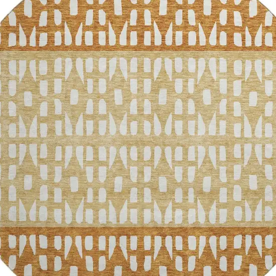 8' Coffee Copper And Ivory Geometric Washable Round Rug With UV Protection Photo 2