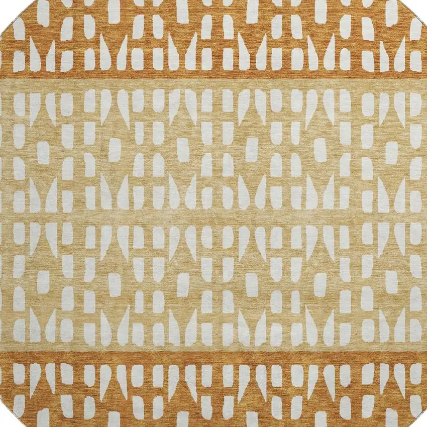 8' Coffee Copper And Ivory Geometric Washable Round Rug With UV Protection Photo 2