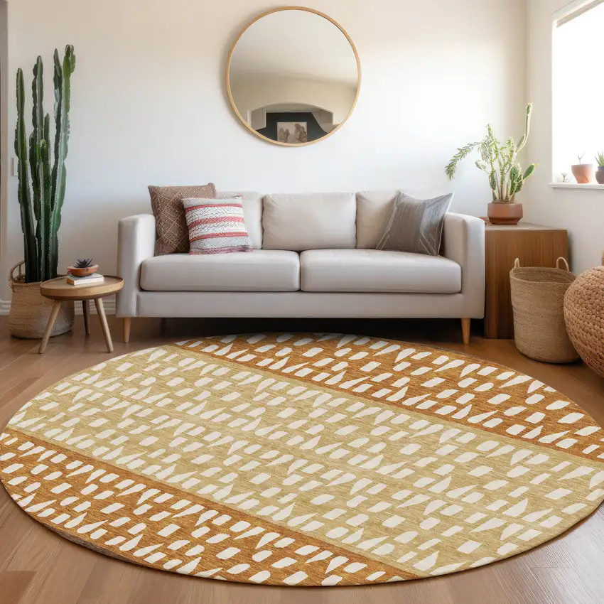 8' Coffee Copper And Ivory Geometric Washable Round Rug With UV Protection Photo 4