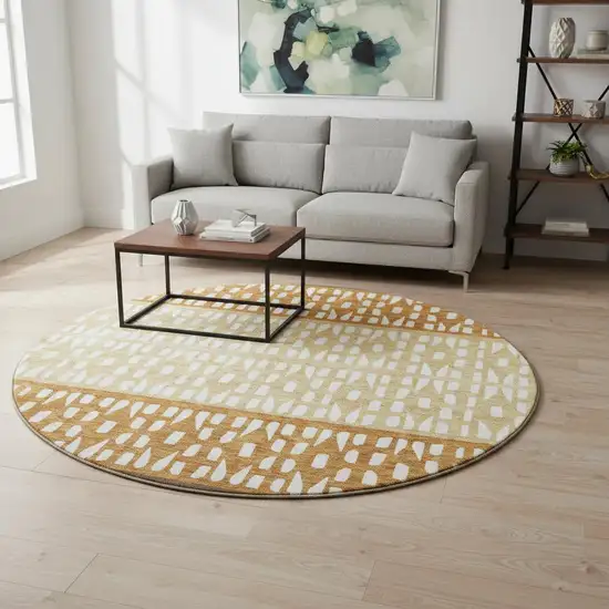 8' Coffee Copper And Ivory Geometric Washable Round Rug With UV Protection Photo 2