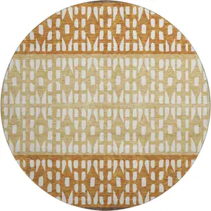 Photo of 8' Coffee Copper And Ivory Geometric Washable Round Rug With UV Protection
