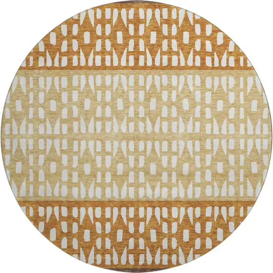 8' Coffee Copper And Ivory Geometric Washable Round Rug With UV Protection Photo 1
