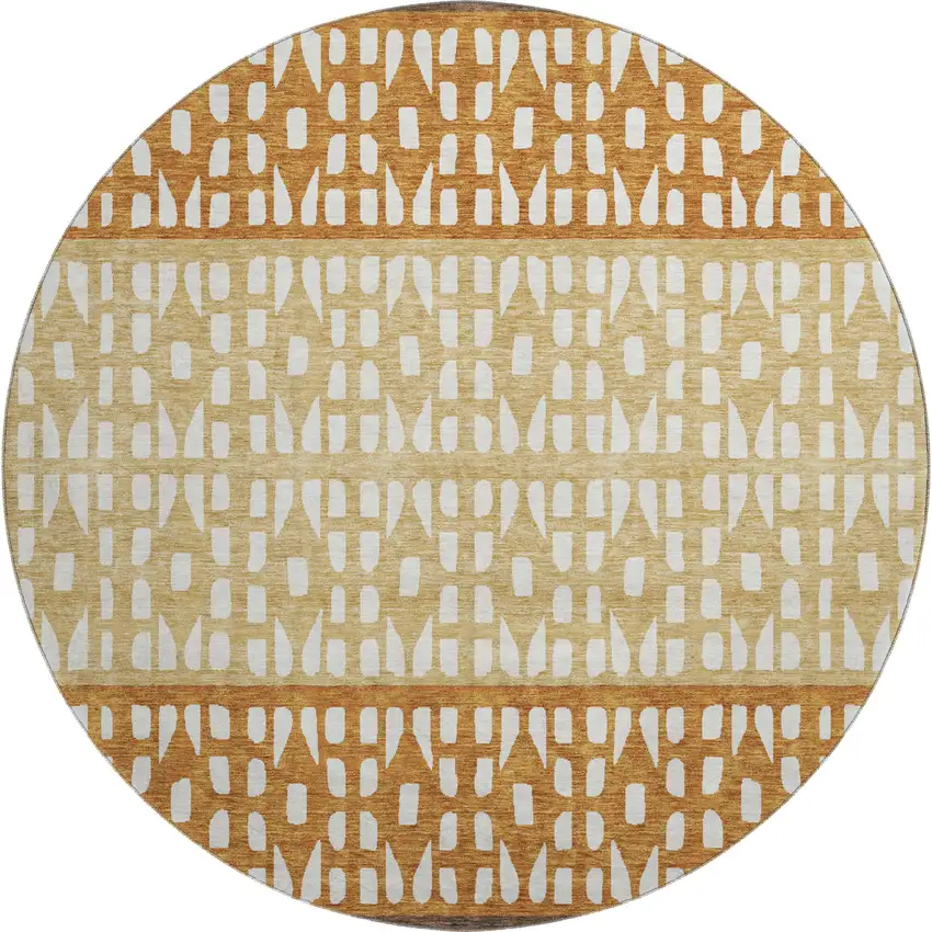 8' Coffee Copper And Ivory Geometric Washable Round Rug With UV Protection Photo 1