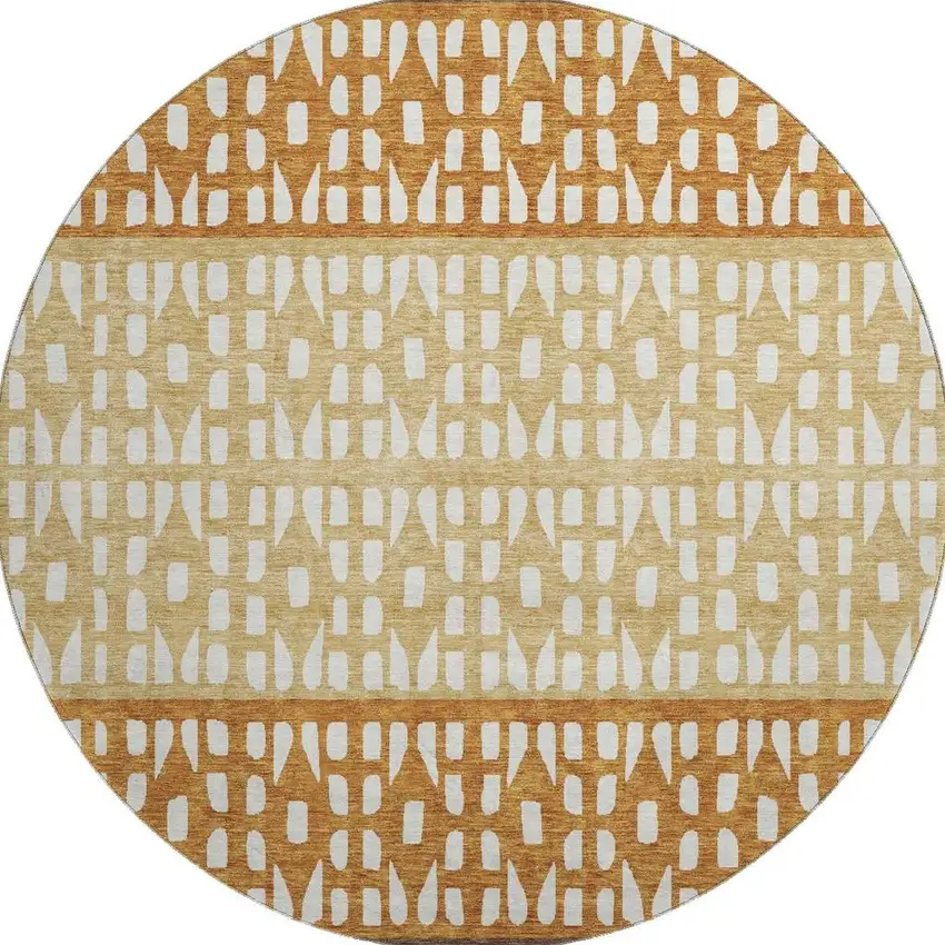 8' Coffee Copper And Ivory Geometric Washable Round Rug With UV Protection Photo 3