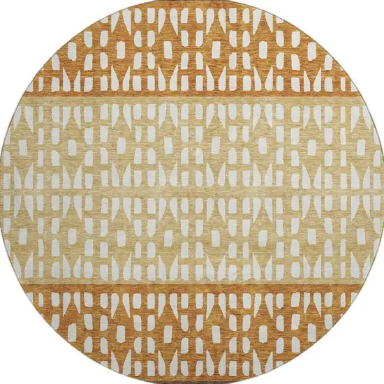 8' Coffee Copper And Ivory Geometric Washable Round Rug With UV Protection Photo 3