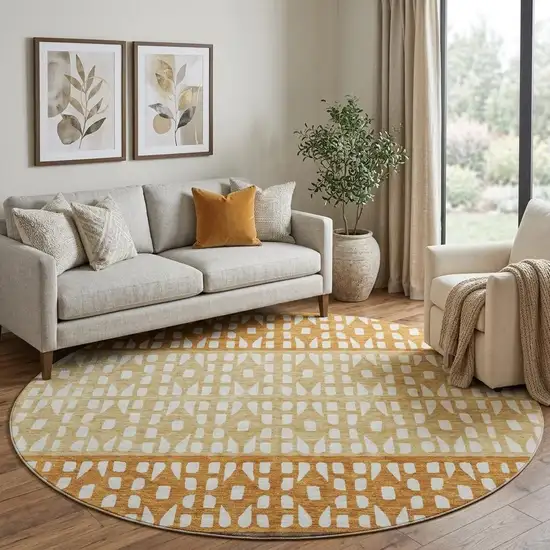 8' Coffee Copper And Ivory Geometric Washable Round Rug With UV Protection Photo 1