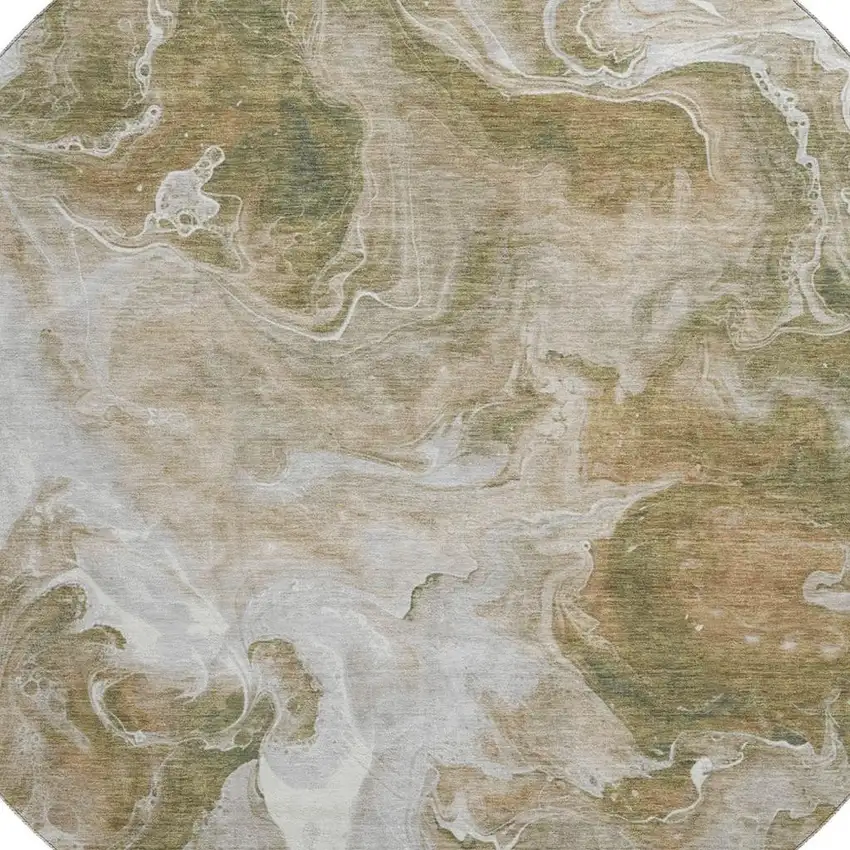 8' Coffee Copper And Silver Abstract Washable Round Rug With UV Protection Photo 2