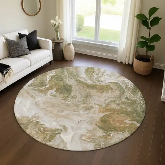 8' Coffee Copper And Silver Abstract Washable Round Rug With UV Protection Photo 4