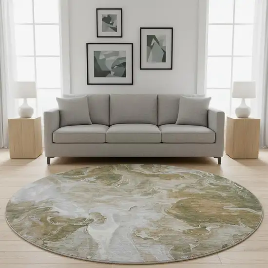 8' Coffee Copper And Silver Abstract Washable Round Rug With UV Protection Photo 2