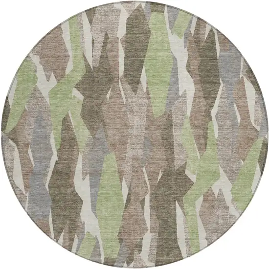 8' Coffee Fern Green And Khaki Round Striped Washable Indoor Outdoor Area Rug Photo 2