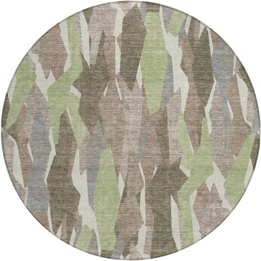 8' Coffee Fern Green And Khaki Round Striped Washable Indoor Outdoor Area Rug Photo 2