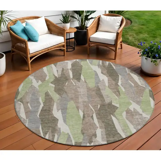 8' Coffee Fern Green And Khaki Round Striped Washable Indoor Outdoor Area Rug Photo 1