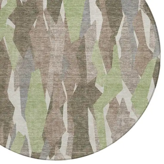 8' Coffee Fern Green And Khaki Round Striped Washable Indoor Outdoor Area Rug Photo 7